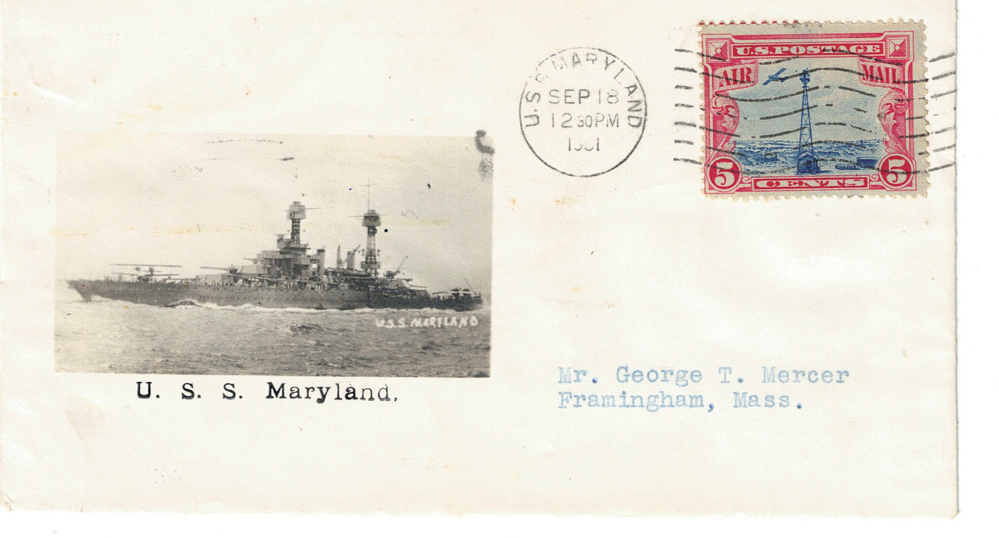 USS Maryland machine cancel Photographic Cachet Cover Crosby Beazell Sept 18 1931