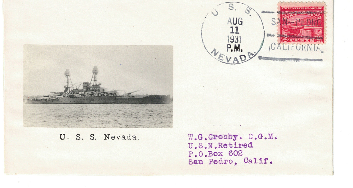 USS Nevada black cancel Photographic Cachet Cover Crosby Beazell Aug 11 1931