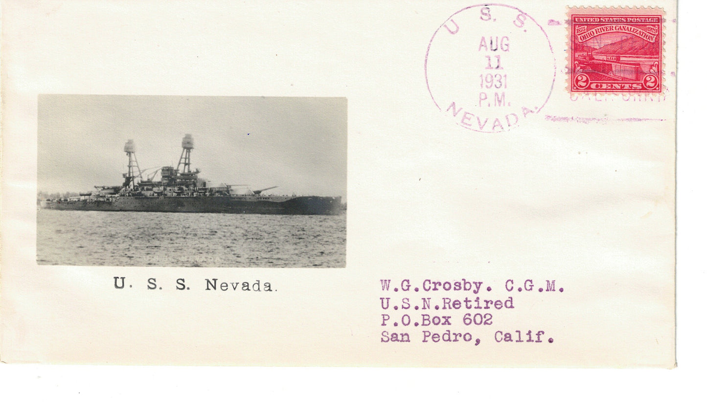 USS Nevada red cancel Photographic Cachet Cover Crosby Beazell Aug 11 1931