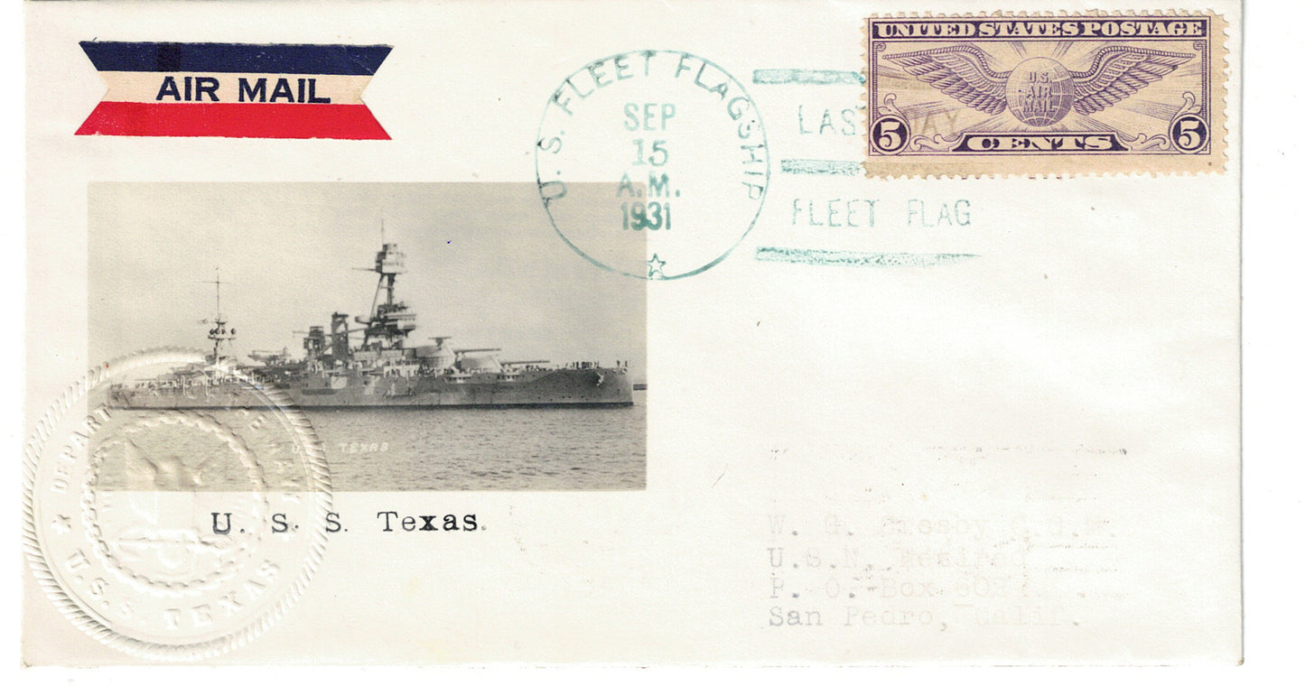 USS Texas Airmail with Last Day Fleet Flag cancel Photographic Cachet Cover Crosby Beazell Sept 15 1931
