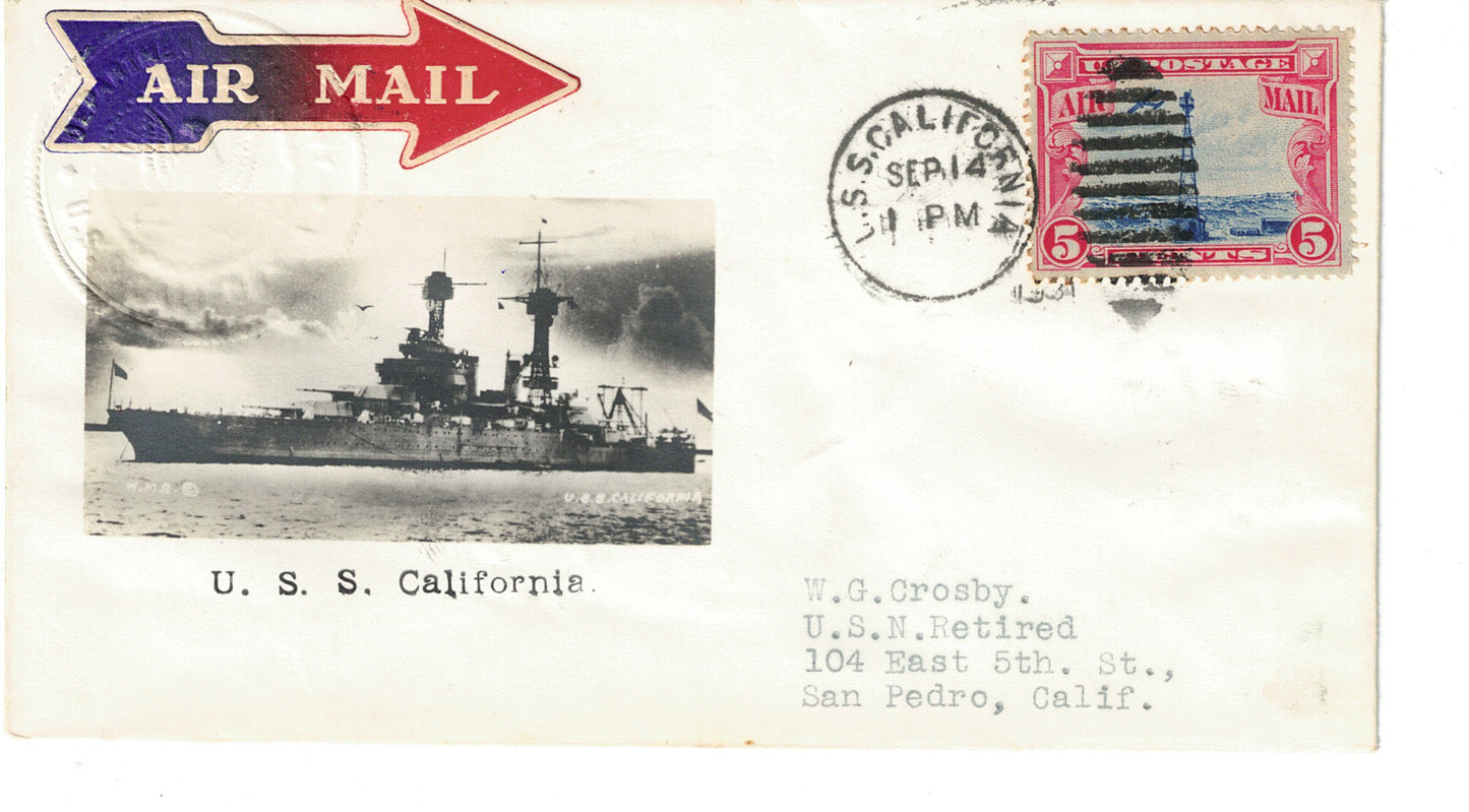 USS California cancel Photographic Cachet Cover Crosby Beazell Sept 14 1931