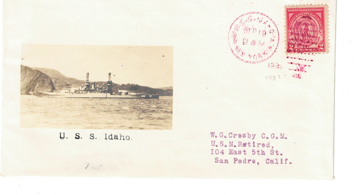 USS Idaho Photographic Cachet Cover Crosby Beazell Sept 19 1931 with additional Air Mail cancel on back