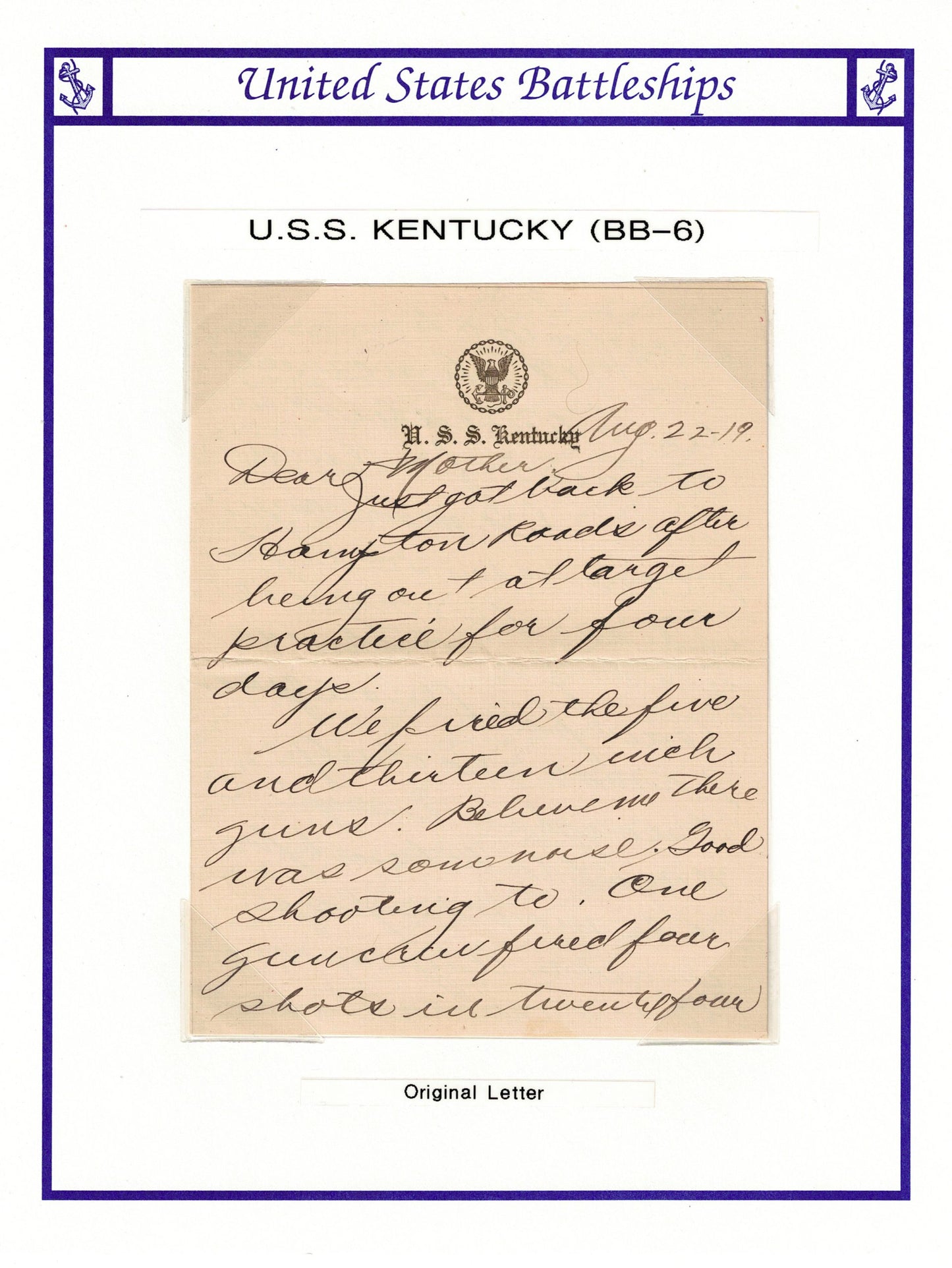 USS Kentucky BB-6 Cover and Letter