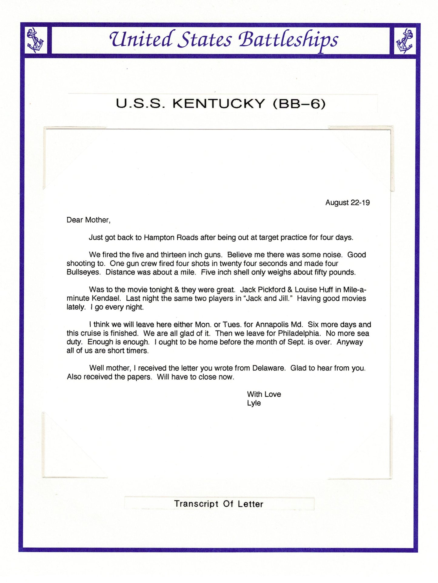 USS Kentucky BB-6 Cover and Letter