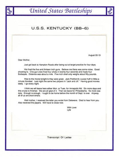 USS Kentucky BB-6 Cover and Letter