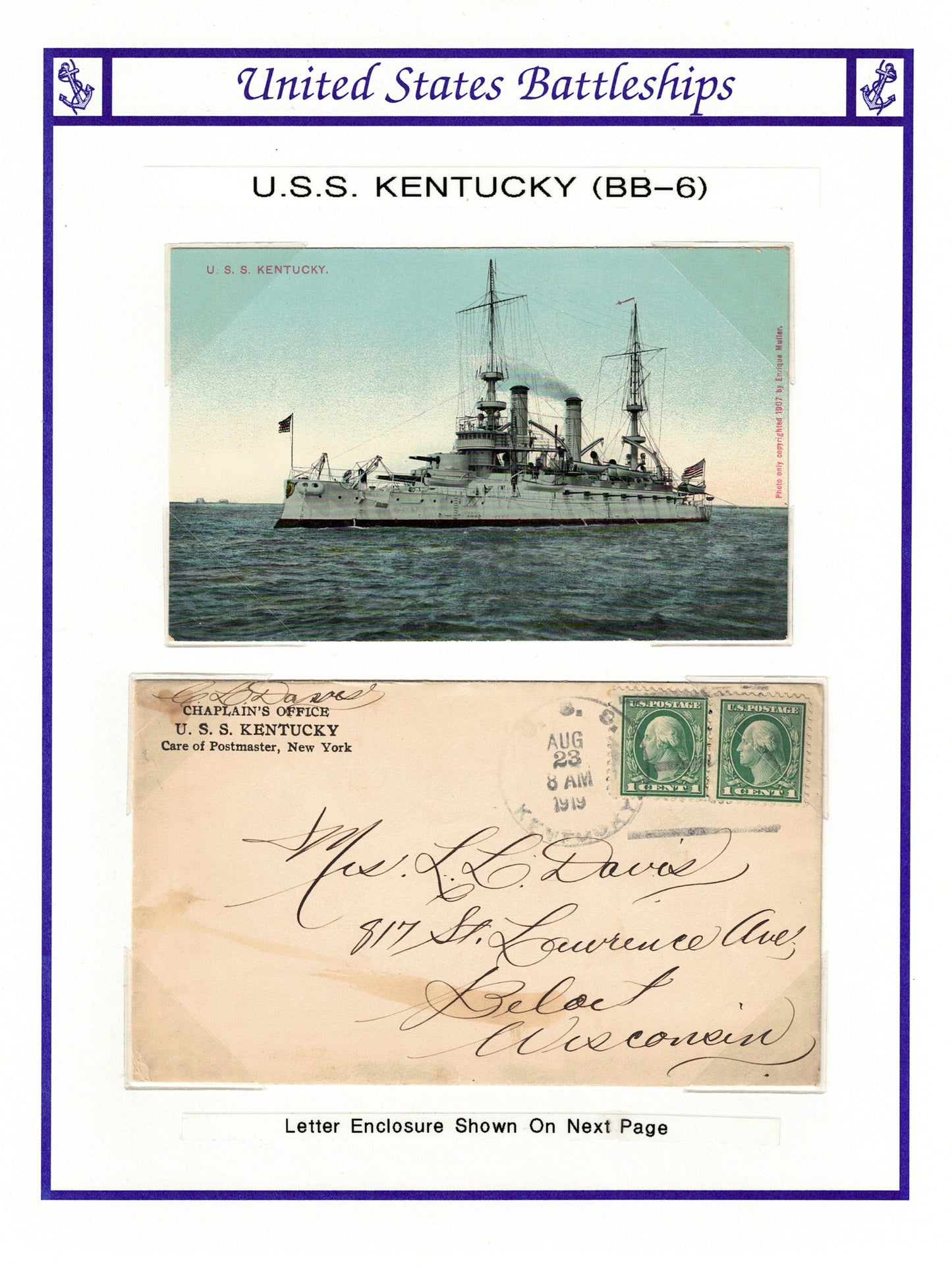 USS Kentucky BB-6 Cover and Letter