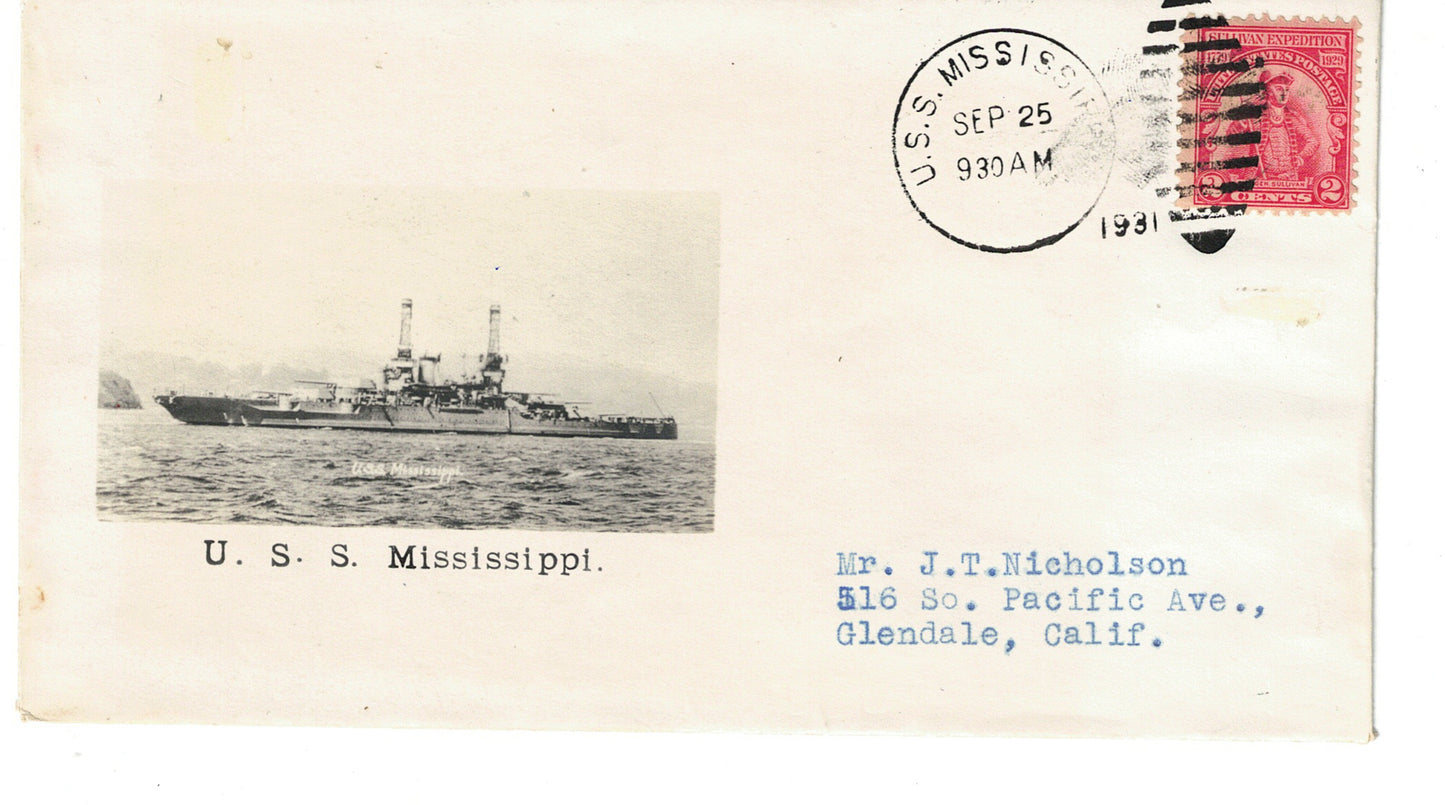 USS Mississippi cancel Photographic Cachet Cover Crosby Beazell Sept 25 1931