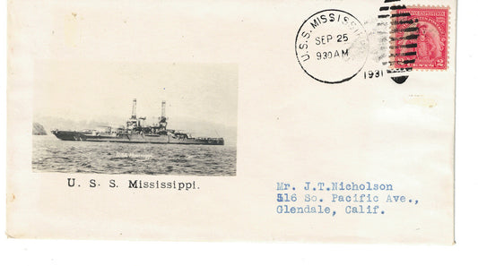 USS Mississippi cancel Photographic Cachet Cover Crosby Beazell Sept 25 1931