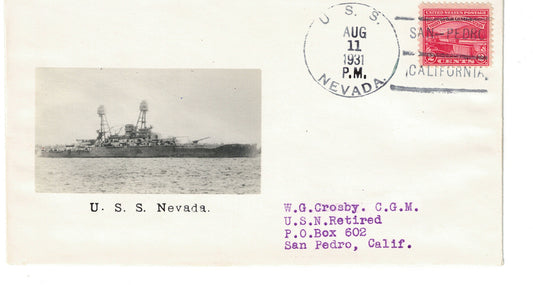 USS Nevada black cancel Photographic Cachet Cover Crosby Beazell Aug 11 1931