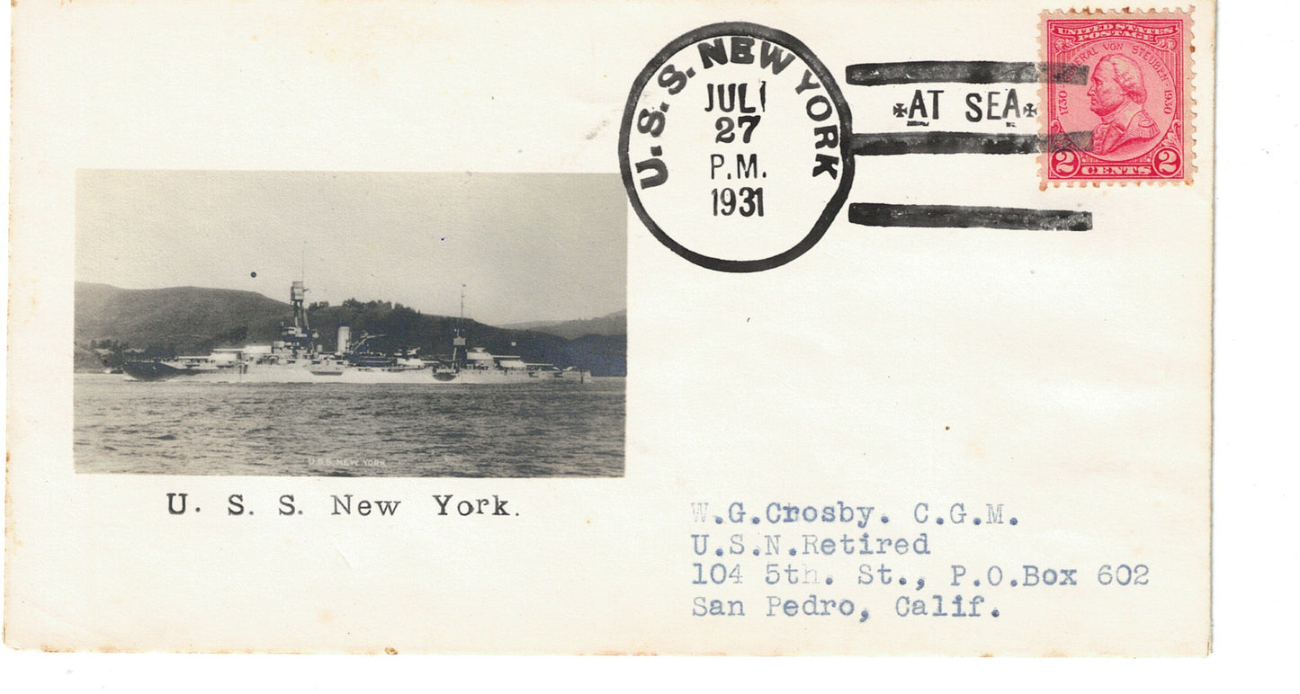 USS New York at sea cancel Photographic Cachet Cover Crosby Beazell July 27 1931