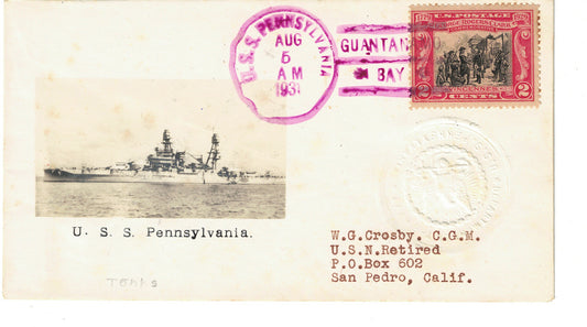 USS Pennsylvania Guantanamo Bay cancel Photographic Cachet Cover Crosby Beazell Aug 5 1931