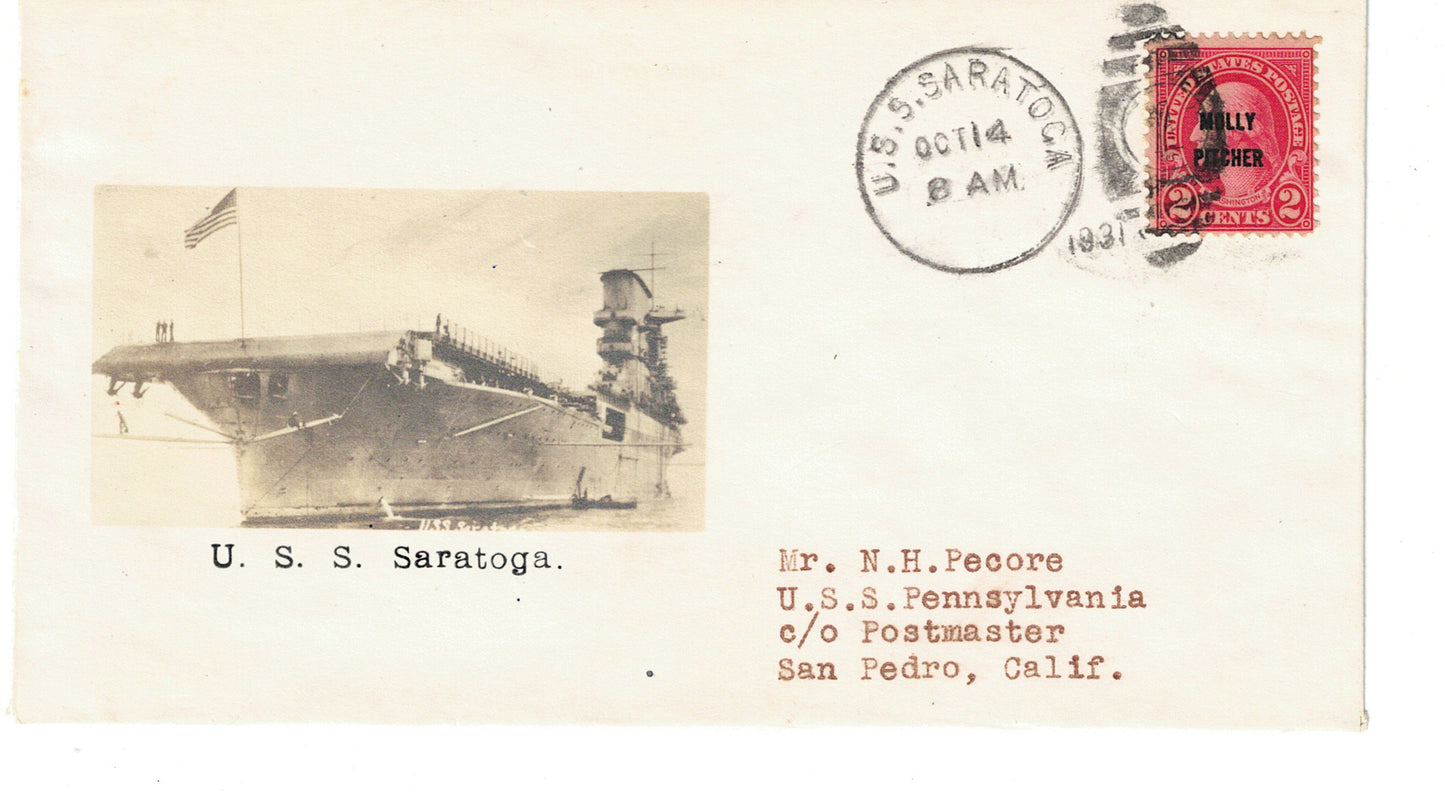 USS Saratoga Photographic Cachet Cover Crosby Beazell with Molly Pitcher overcancel Oct-14-1931