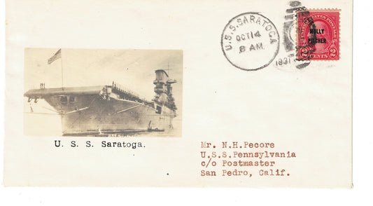 USS Saratoga Photographic Cachet Cover Crosby Beazell with Molly Pitcher overcancel Oct-14-1931