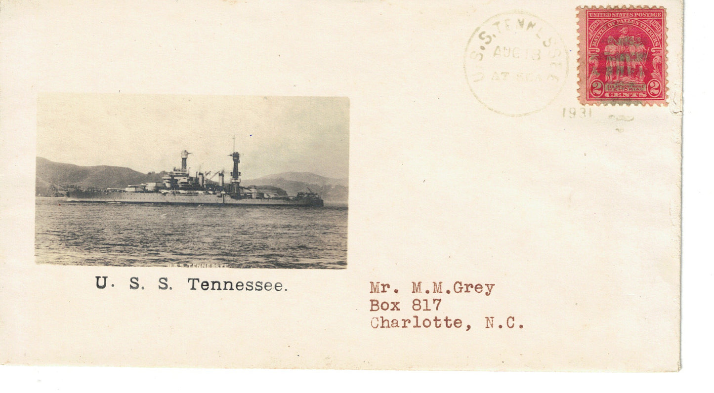 USS Tennessee cancel Photographic Cachet Cover Crosby Beazell Aug 18 1931 with artifact of envelope cutting on back