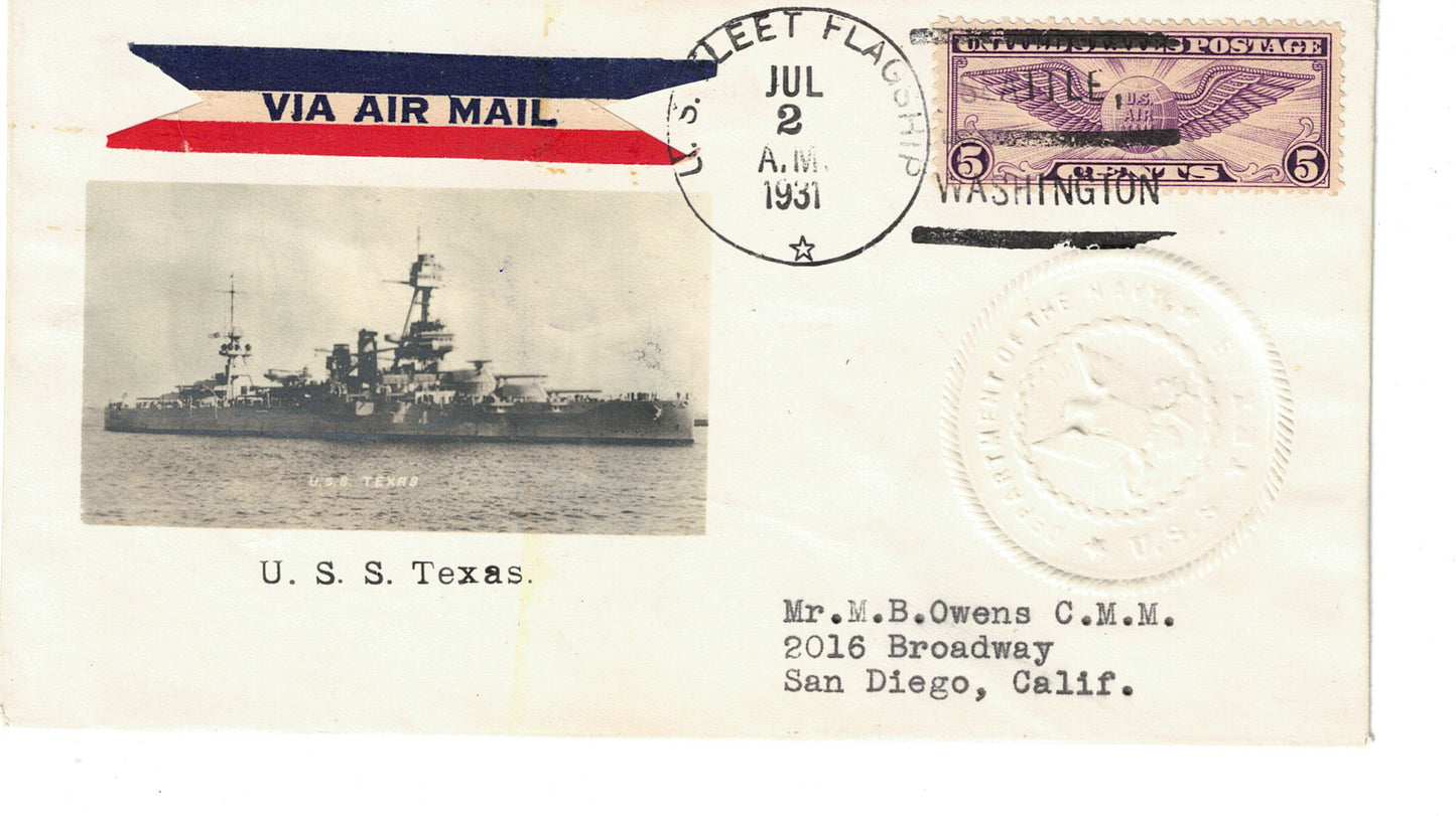 USS Texas Airmail with Fleet Flagship cancel Photographic Cachet Cover Crosby Beazell July 24 1931