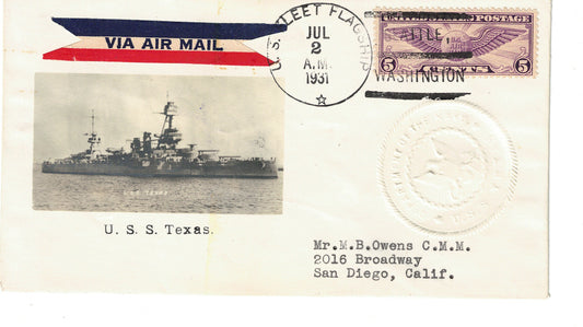 USS Texas Airmail with Fleet Flagship cancel Photographic Cachet Cover Crosby Beazell July 24 1931