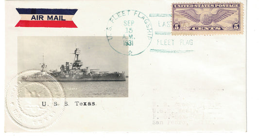 USS Texas Airmail with Last Day Fleet Flag cancel Photographic Cachet Cover Crosby Beazell Sept 15 1931