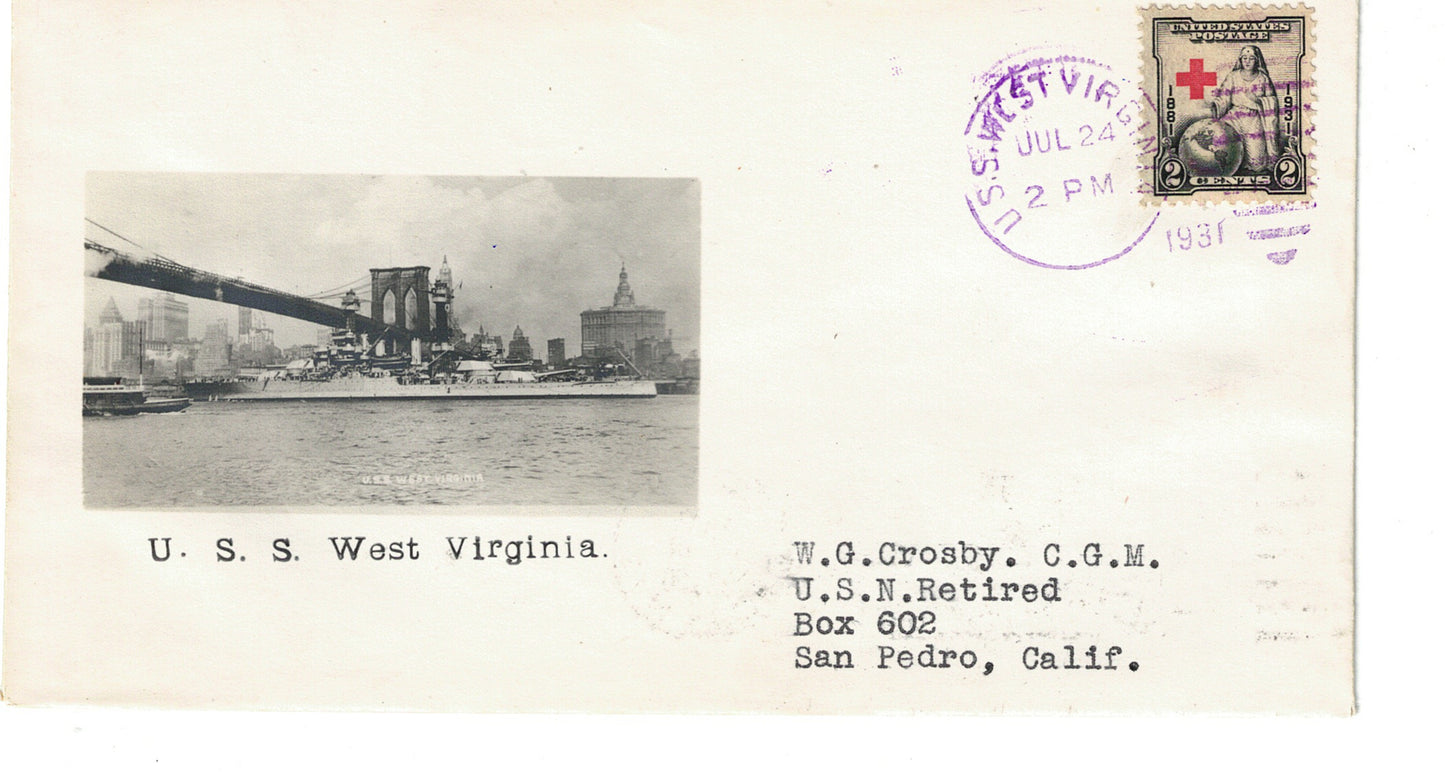 USS West Virginia Photographic Cachet Cover Crosby Beazell July 24 1931