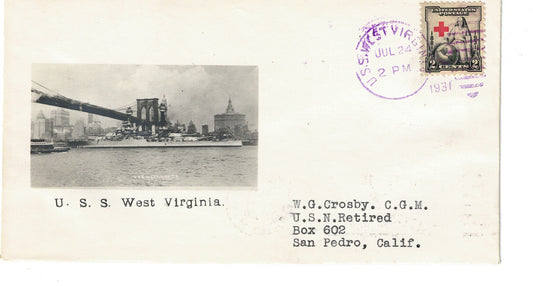 USS West Virginia Photographic Cachet Cover Crosby Beazell July 24 1931
